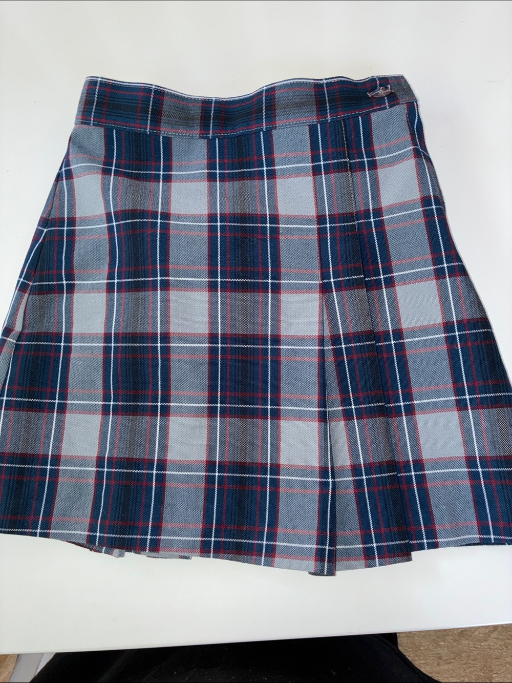 Girls' Plaid Pleated School Skirt - Navy/Gray with Red Accents